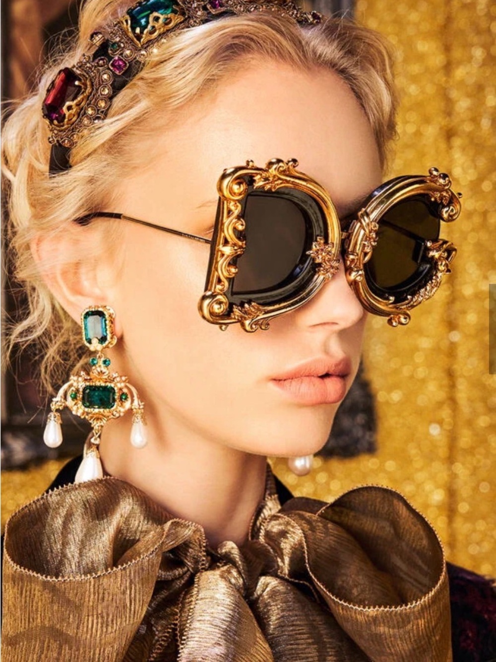 Dolce & Gabbana Ornate Gold DG Frame Sunglasses with Black Lenses